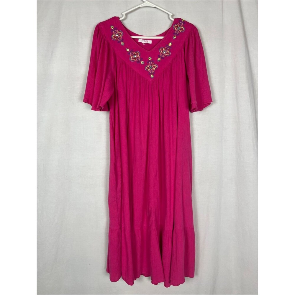 Go Softly Patio Hot Pink Embroidered Loose Midi Dress